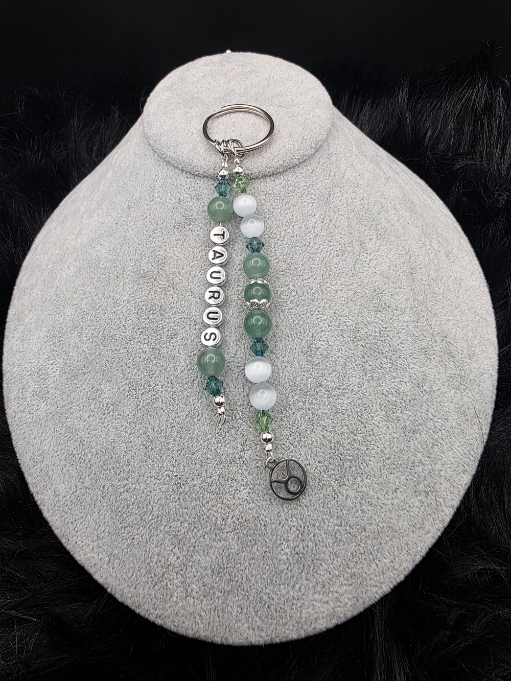 Taurus Zodiac Beaded Keychain - Green and White